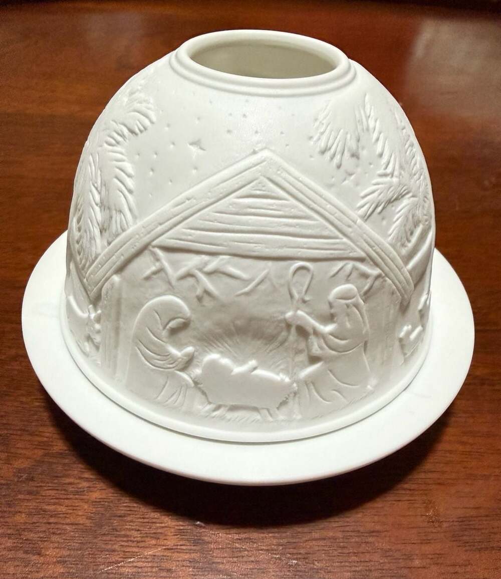 White Porcelain Nativity Scene Lithophane Tealight Candle Holder Lantern & Plate